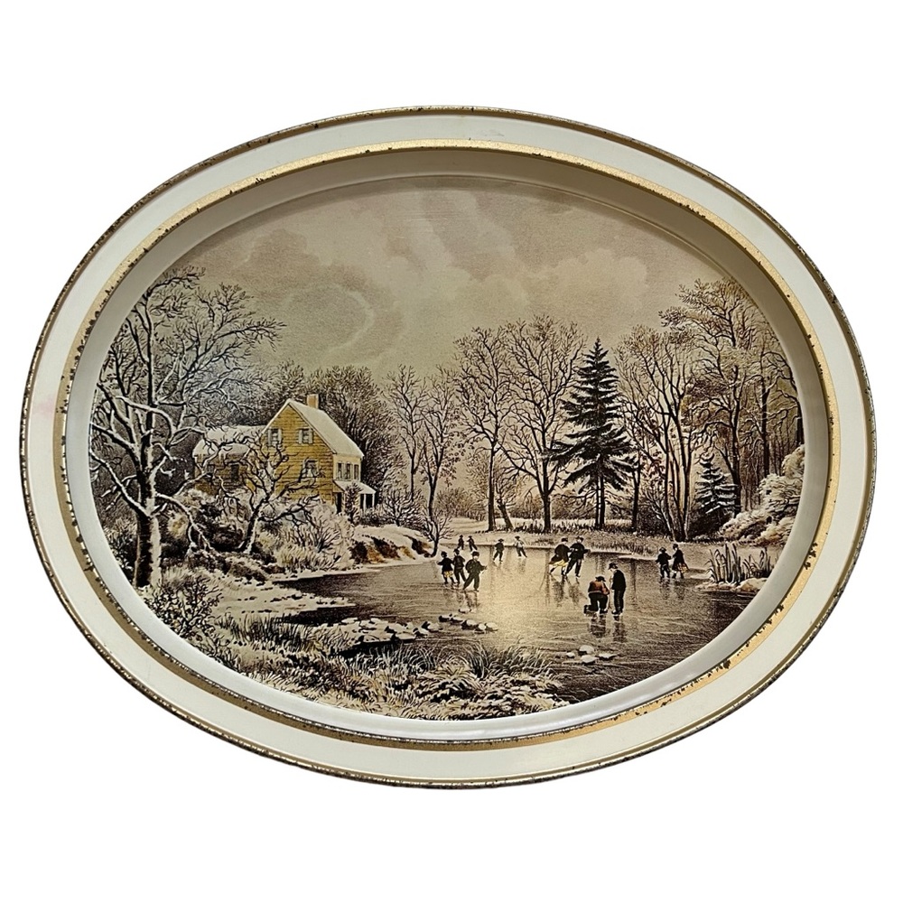 Vintage Currier and Ives ‘Skating Early Winter’ Print Metal Serving Tray USA